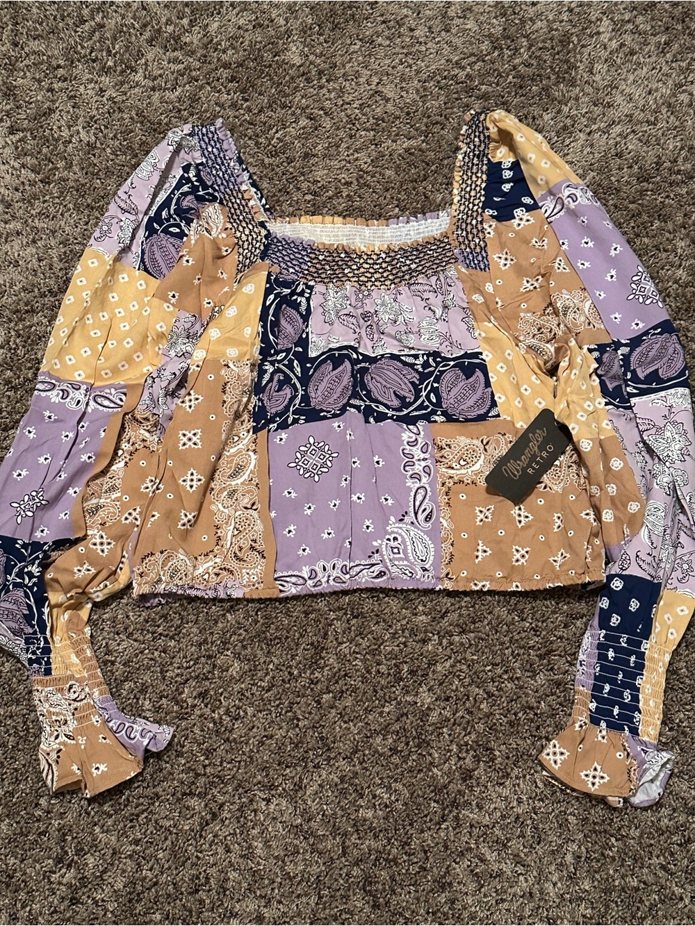 Wrangler Lavender, Mustard & Navy Patchwork Smocked  Top